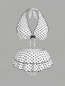 Sweetra CURVE Bộ bikini hai mảnh cỡ lớn dành cho nữ, màu đen chấm bi, kiểu buộc dây cổ, gợi cảm, thích hợp cho kỳ nghỉ biển. - Nhiều màu - Xem 1