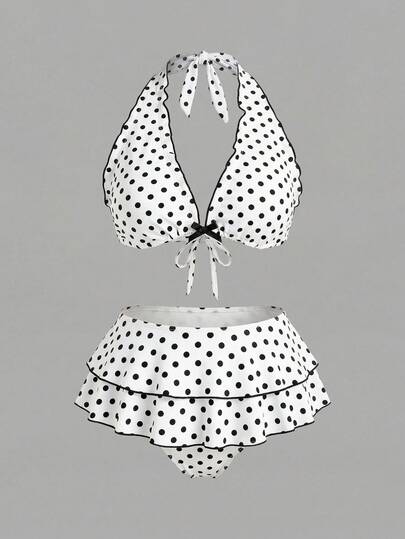 Sweetra CURVE 大码女式两件套黑色波点印花露背系带性感沙滩度假比基尼泳衣