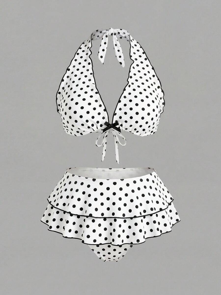 Sweetra CURVE Bộ bikini hai mảnh cỡ lớn dành cho nữ, màu đen chấm bi, kiểu buộc dây cổ, gợi cảm, thích hợp cho kỳ nghỉ biển. - Nhiều màu - Xem 1