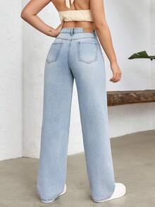 SHEIN Tall Quần jeans nữ cạp cao, có túi, ống rộng, dáng suông, thoải mái, đa năng. - Rửa nhẹ - Xem 2
