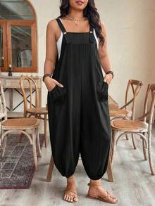 Breezaya 大码女士优雅纹理宽松连体裤，配有可调节肩带，适合早春穿着 - 黑色 - 查看 5