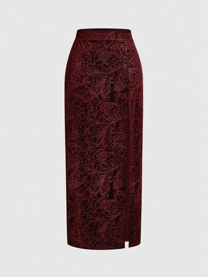 ROMWE Chân váy chữ A thanh lịch bằng nhung dập nổi phong cách Gothic cổ điển dành cho nữ.