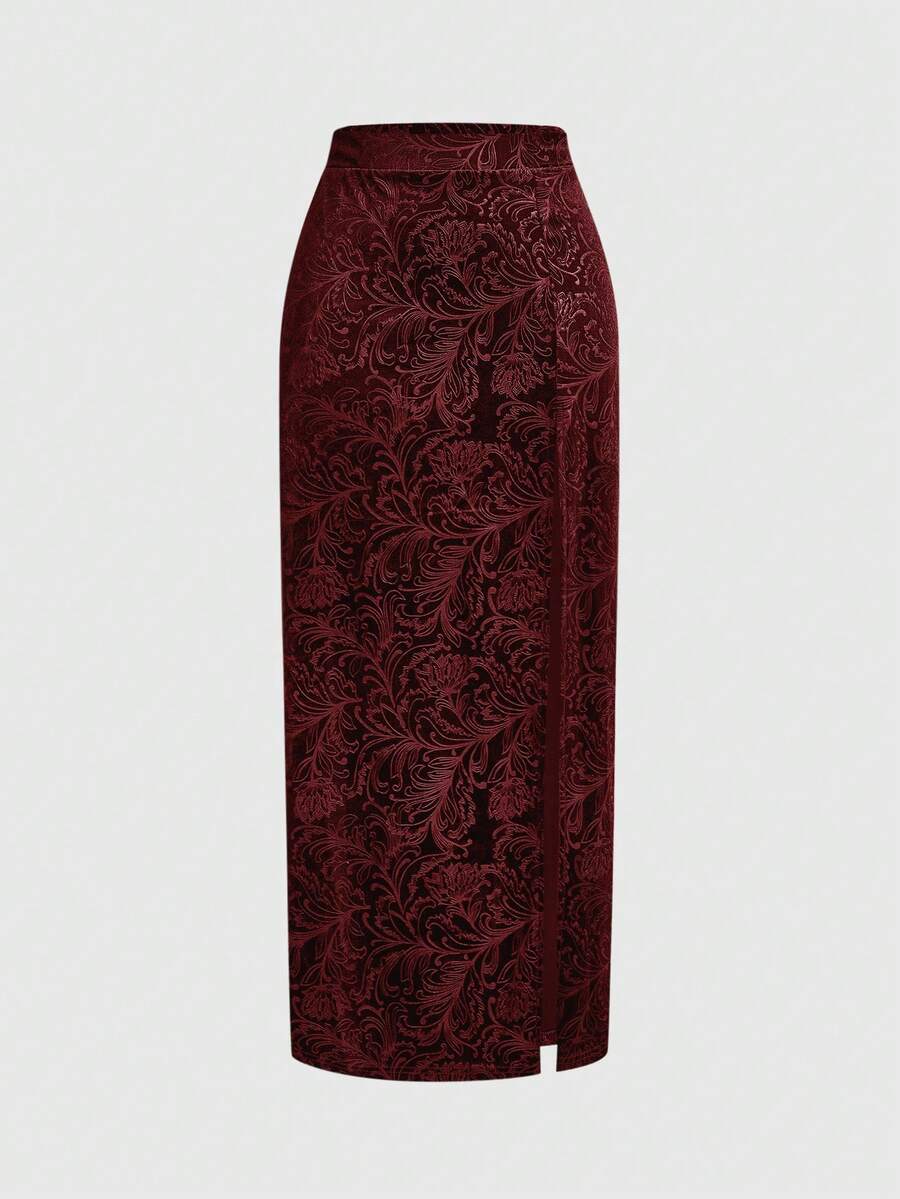 ROMWE Goth Falda elegante de línea A de terciopelo con relieve estilo gótico vintage para mujer - Burdeos - Ver 1