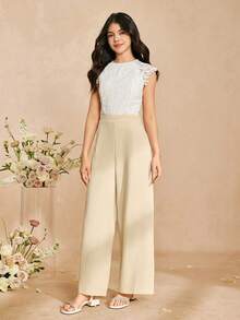 Combinaison élégante avec garniture en dentelle pour filles et femmes, pantalon à taille haute et jambes larges en tissu doux et tissé, convient pour le port quotidien, les fêtes et les rassemblements - Nude - Voir 5