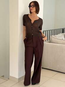 IamThia 女士优雅现代直筒高腰办公室西装裤 - 中紫紅色 - 查看 2