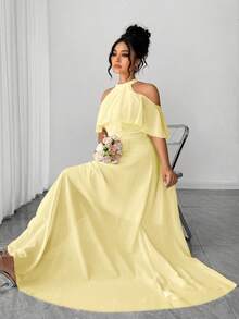 Elenzga Women's Plus Size Pale Yellow Plain Woven Fabric Halter Cold Shoulder Long A Line Elegant Prom Dress - Pale Yellow - View 1