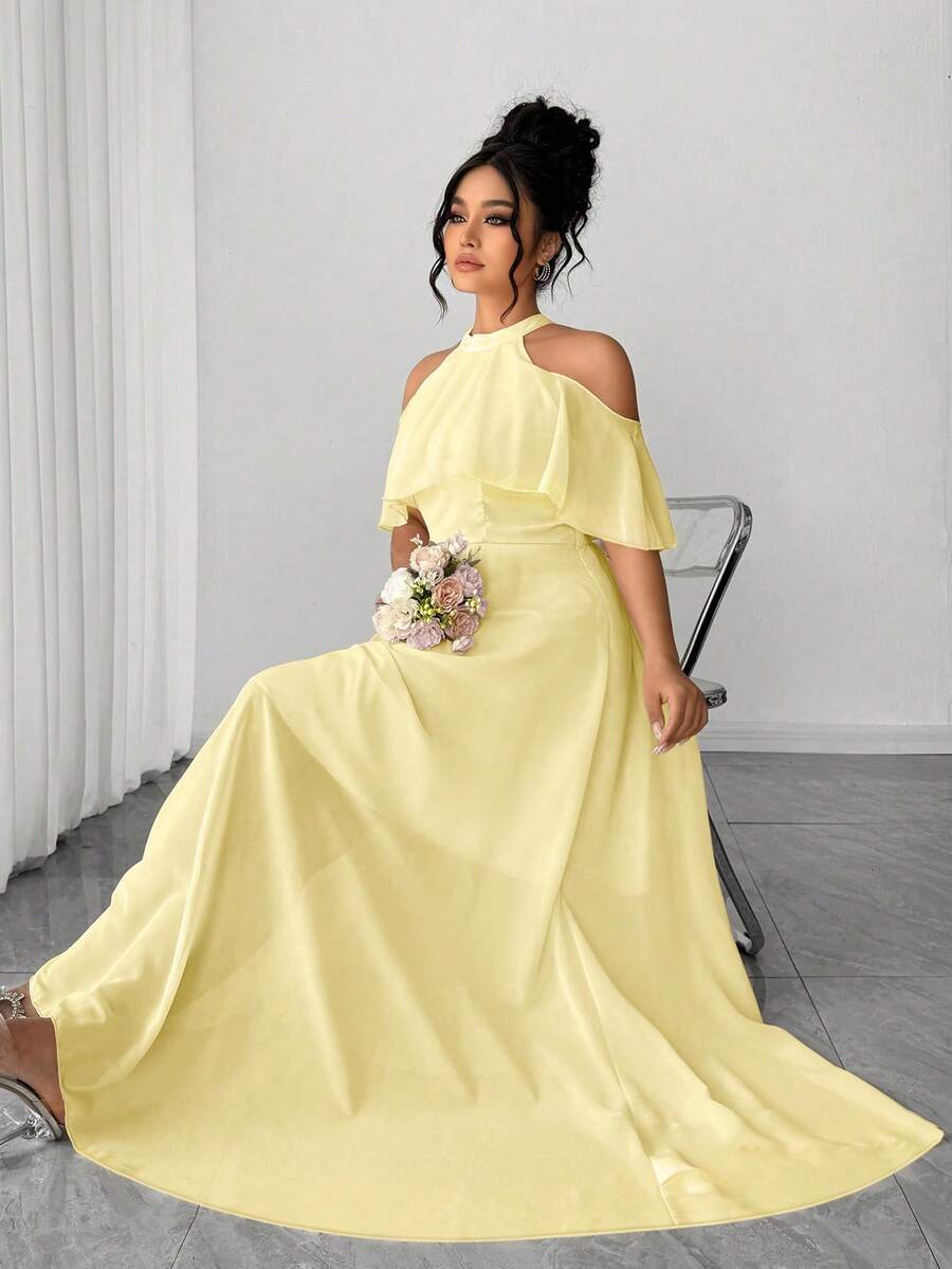 Elenzga Women's Plus Size Pale Yellow Plain Woven Fabric Halter Cold Shoulder Long A Line Elegant Prom Dress - Pale Yellow - View 1