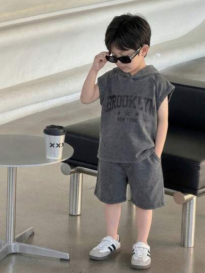 2pcs Kids Knitted Hoodie Letter Print Loose T-Shirt And Shorts Set, Casual Style Suitable For Commuting, School, Daily Wear, Sports, Summer