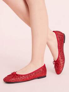 CUCCOO DOLLMOD 女士红色亮片圆头芭蕾舞鞋，饰有蝴蝶结，可爱优雅，适合节日装扮的套脚鞋 - 紅色 - 查看 3