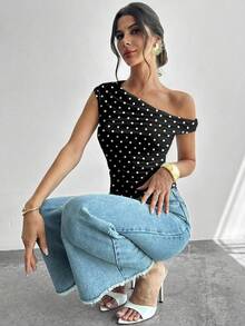 Firerie Áo croptop nữ thanh lịch, bất đối xứng, xếp ly, kiểu dáng vintage chấm bi, thích hợp cho kỳ nghỉ, dạo phố, đi làm. - màu đen - Xem 9