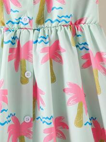 SHEIN Casuvi Kids Đầm yếm cổ yếm màu xanh bạc hà in hình cây dừa hoạt hình cho bé gái, kiểu dáng thời trang ngọt ngào không tay dáng chữ A, thích hợp cho hoạt động ngoài trời, đi biển, mặc hàng ngày và mùa hè. - Nhiều màu - Xem 5