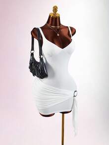 Amplova New Basic Sexy Metal Low-Cut Waist Mini Dress For Women Golf White Summer - White - View 4