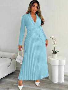 Xyvia Vestido Elegante de Escritório para Mulheres com Cintura Marcada, Estilo de Camisa com Botões, Adequado para Casamentos e Eventos, Outono/Inverno - Azul bebê - Visão 6