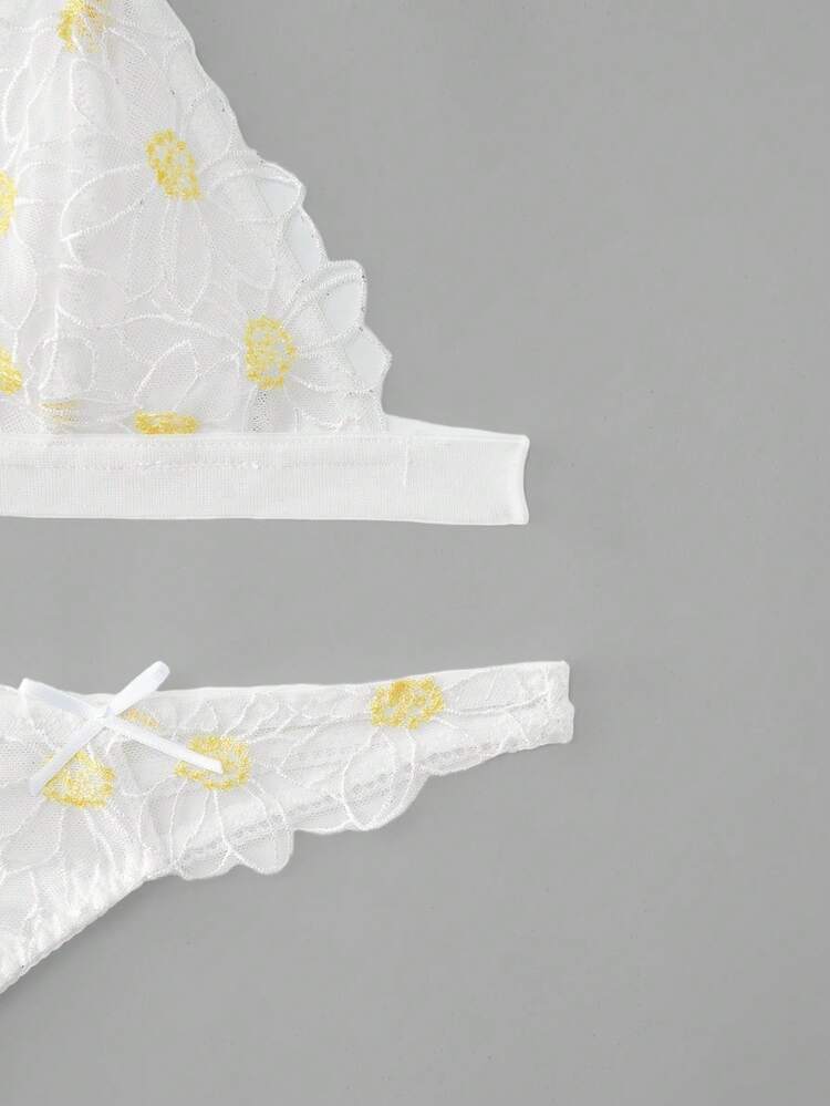 White Floral Embroidered Mesh Lingerie Set Spring Summer French Style Parisian Style Triangle Bra And Panty Set Sexy Lingerie Set Flower Lingerie Set