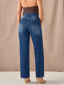 High Waist Straight Leg Washed Blue Woman Casual Style Button Front Denim Jean - Medium Wash - View 6