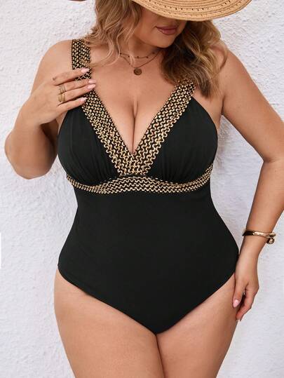 SHEIN CURVE+ بدلة سباحة قطعة واحدة للنساء كبيرات الحجم، من قماش خاص مع أشرطة، ملابس سباحة للعطلات الصيفية