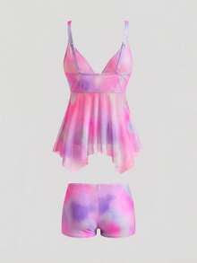 SHEIN Swim Curve 2 件大码女式扎染 V 领迷彩印花简约比基尼夏季 - 粉色 - 查看 2