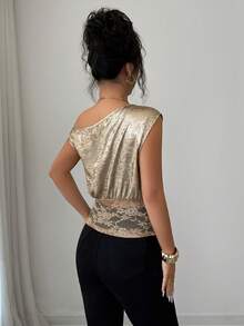 Rafferiza Blusa asimétrica, sexy y elegante de color champán metálico con cintura ceñida con encaje para mujer - Dorado - Ver 3