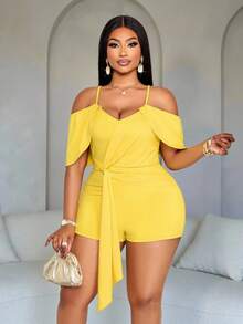 SOLERSUN 大码女装时尚纯色弹力面料修身性感露肩单肩细肩带扭结短裤连体裤，优雅奢华的连体裤，适合日常通勤和度假，休闲裤，圣帕特里克节，复活节，音乐节，四叶草，街头风格，海滩度假，野餐，日常通勤时尚百搭，端庄，波西米亚风格，端庄，飘逸。 - 黃色 - 查看 6