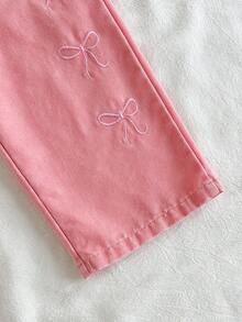 SHEIN Vintaside Kids Baby Girls' Jeans With Embroidered Bow Decor, Cute Countryside Style Versatile All-Match Denim Pants - Pink - View 4