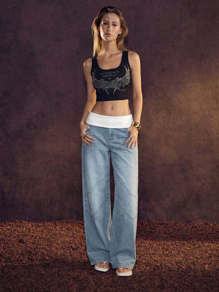 Glamine SHEIN Glamour Women's Patchwork Color Casual Versatile Commuting Loose Fit Denim Wide Leg Pants - Dusty Blue - View 1