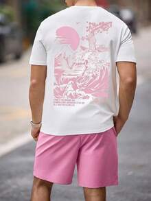 Manfinity Joysei Men's Standard Size White Short Sleeve T-Shirt And Pink Woven Shorts Set - Multicolor - View 4