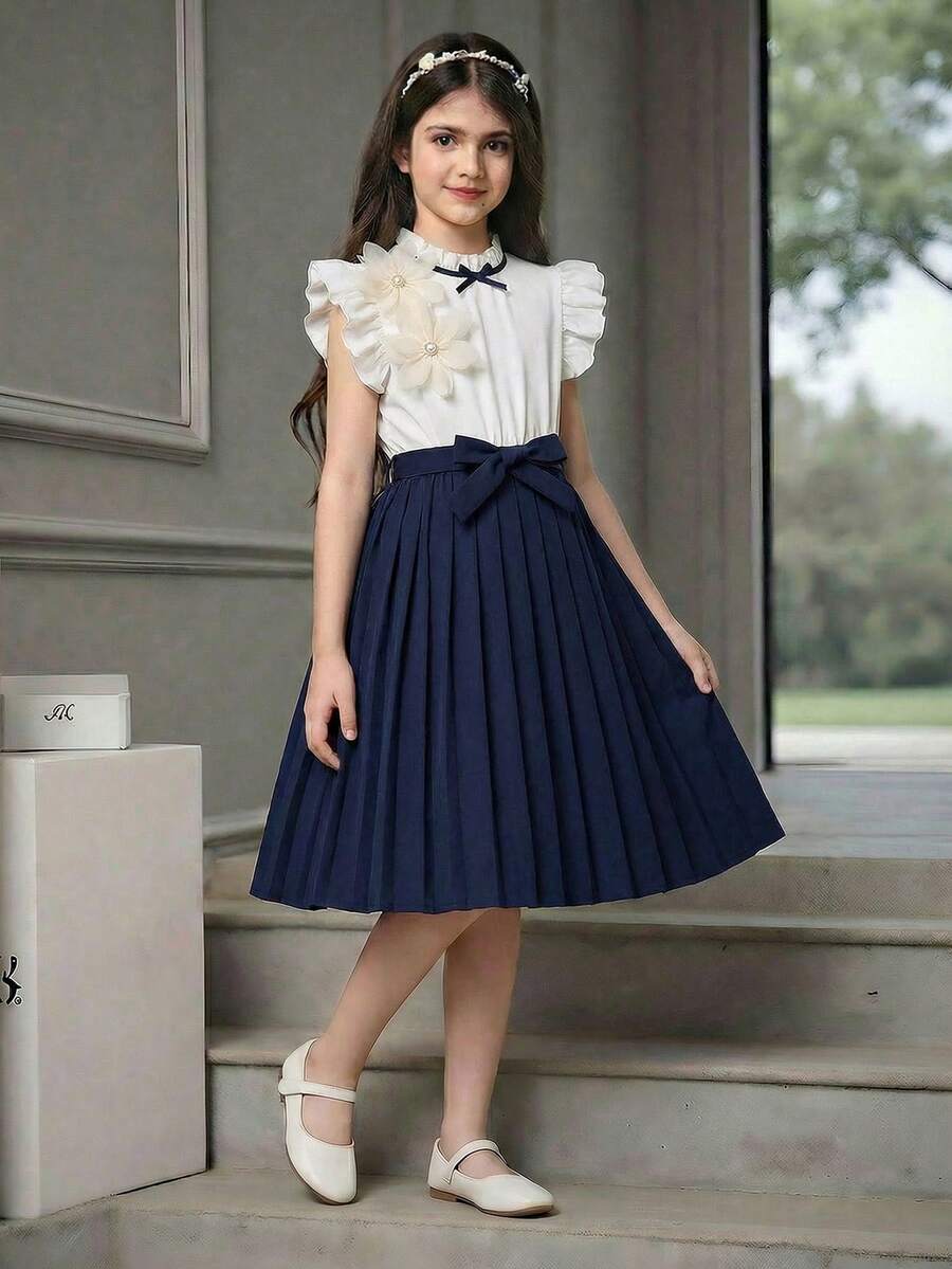SHEIN Girls' Elegant Versatile Navy Blue And White Short Sleeve Dress,Ruffle Sleeve,Floral Decor,Bow Collar,Summer Party,Back-To-School Performance Dress - Navy Blue - View 1