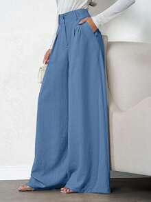 SHEIN Tall Pantalones de lino con pliegues profundos color beige para mujeres - Azul - Ver 4