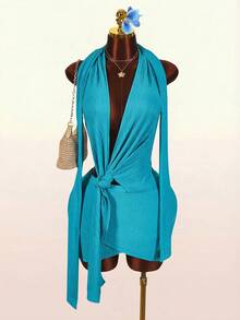 Amplova Women's Turquoise Blue Summer Textured Halter Backless Deep V Twist Knot Mini Dress Techno Night Out Club Night Club Rave Avant-Garde Asymmetrical Hem - Blue - View 6