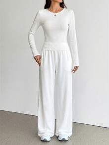 SHEIN Tall 2件組女款純色長袖上衣與長褲套裝，適合高個女性 - 白色 - 查看 5