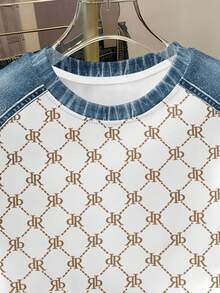 Resyla American Retro Monogram Digital Print Denim Raglan T-Shirt, Casual Commute Monogram Print Denim Raglan T-Shirt, Women's Versatile Short Sleeve Top - White - View 3