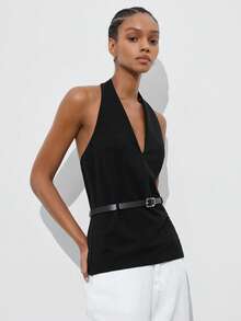 Gossip Girl X SHEIN SHEIN Maija Áo không tay hở lưng mùa xuân/hè 2026 với dây buộc cổ và thắt lưng, phong cách thành thị sành điệu. - màu đen - Xem 6