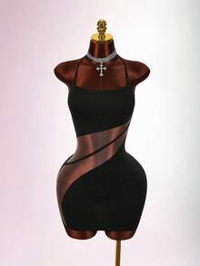 Amplova Đầm mini ôm sát cơ thể khoét sâu, xuyên thấu mới dành cho nữ - màu đen - Xem 3