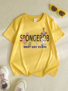 SpongeBob SquarePants | SHEIN 少女卡通印花T恤 - 黃色 - 查看 1