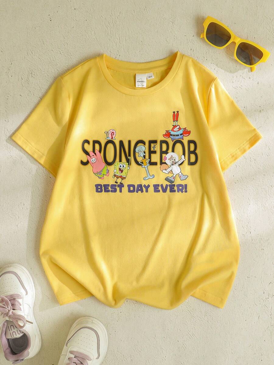 SpongeBob SquarePants | SHEIN 少女卡通印花T恤 - 黃色 - 查看 1