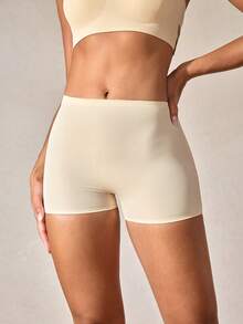 1 Peça Calcinha Boxer Sem Costura de Cintura Alta para Mulheres, Shorts Tipo Menino, Calcinha Macia, Roupa Íntima Casual e Confortável, Antitransparência, Sem Enrolamento, Shorts de Bottom, Lingerie - Bege - Visão 1