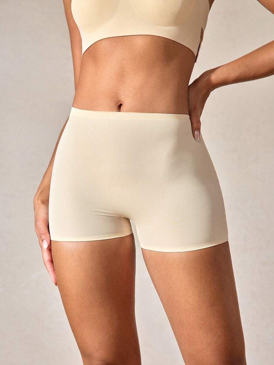1 Peça Calcinha Boxer Sem Costura de Cintura Alta para Mulheres, Shorts Tipo Menino, Calcinha Macia, Roupa Íntima Casual e Confortável, Antitransparência, Sem Enrolamento, Shorts de Bottom, Lingerie - Bege - Visão 1