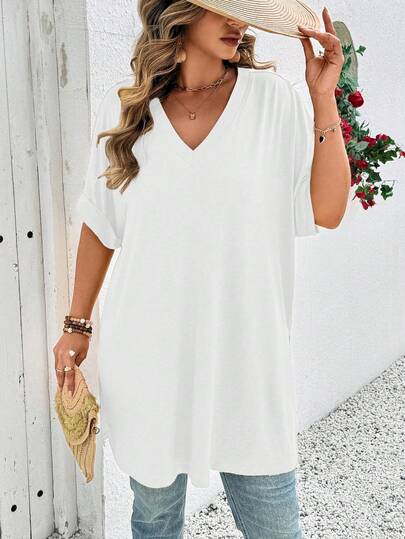Linhara CURVE Plus Size Women's Solid V-Neck Casual Versatile Daily Wear Short Sleeve T-Shirt Cotton T Shirt Women Oversized Women Casual Outfits Long T Shirt For Women Loose Tops For Women Blouse For Women Casual
