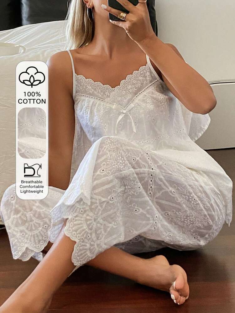Summer Beach Bohemian Style Floral Embroidered Fabric Lace Trim Camisole Pajama Set For Women
