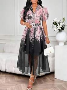 SHEIN Lady 女士优雅印花前扣花瓣袖连衣裙，夏季 - 黑色 - 查看 3