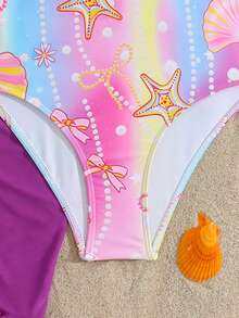 SHEIN 少女可爱蝴蝶结印花肩带荷叶边设计连体泳衣，下摆饰有荷叶边，适合游泳、度假、夏季海滩穿着 - 彩色 - 查看 6