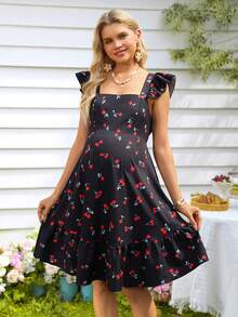 SHEIN 樱桃印花荷叶边下摆孕妇连衣裙，饰有褶裥细节，适合日常穿着、约会、度假和海滩度假。 - 彩色 - 查看 2