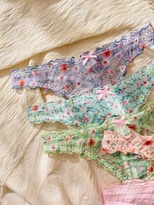 CottageSlumber 5pcs/Set Women Ditsy Floral Ruffle Trim Bow Decor Cute Thong Panties - Multicolor - View 7