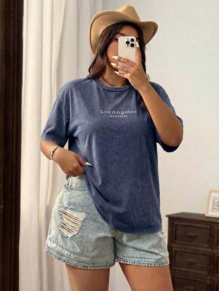 SHEIN EZwear Navy Blue Vintage Distressed Cotton Embroidered Loose T-Shirt, Plus Size - Navy Blue - View 6