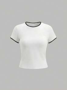 Airaco 3pcs/Set Shell Trim Embroidered Colorblock Round Neck Women Cropped T-Shirts - Multicolor - View 3
