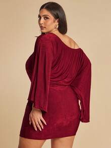 SHEIN BAE Plus Size Women's Burgundy Autumn Elegant Festa Off-Shoulder Dress,Metallic Flare Sleeve Asymmetrical Bodycon Maxi Dresses For Party Wedding Guest - Apricot - View 2