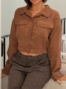 IamThia Corduroy Flap Pocket Button Up Crop Jacket Fall Winter Cloth For Women - Brown - View 3
