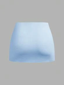 SHEIN Comfortcana 2件套女士新款基础款短裤套装，纯色短裙，女士短裙，迷你短裙，2件装短裙，半身裙，女士迷你短裙套装，内含短裤的半身裙，女士半身裙 - 藍白色 - 查看 11