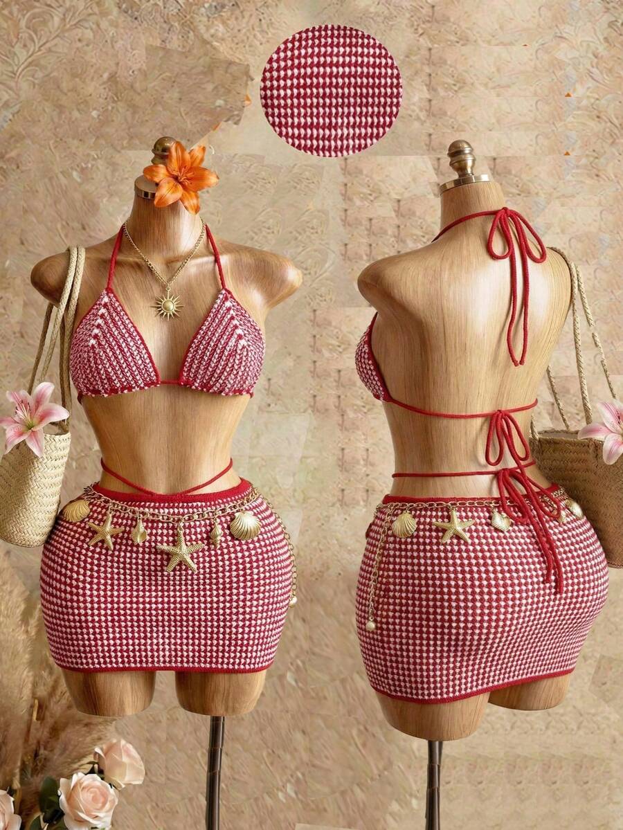 Mistrie Women's Two Pieces Knitted Camisole Set,Red And White Striped Fitted Short Skirt, Summer Boho Vacation Holiday Casual Party Outfits - Red and White - View 1