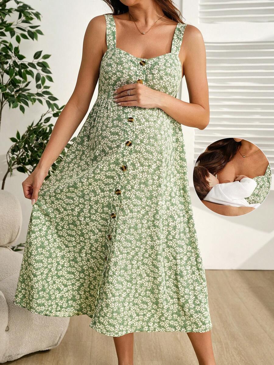 GentleRue Maternity 宽肩带哺乳连衣裙，前扣设计，肩带可调节，碎花图案，适合孕妇穿着 - 綠色 - 查看 1